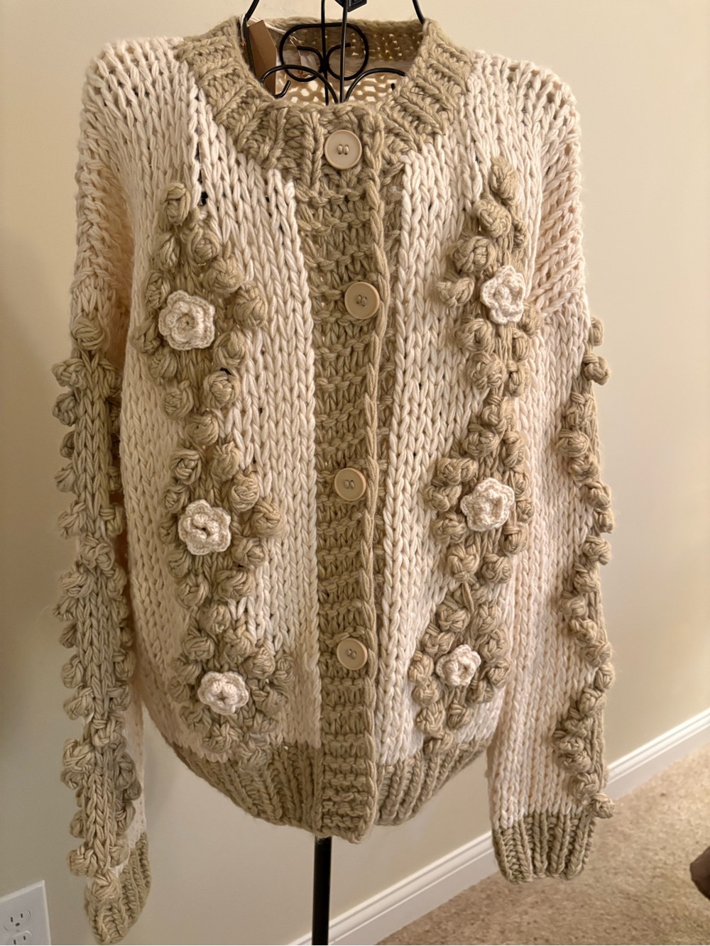 Listicle Cream and Taupe Floral-Trim Cardigan